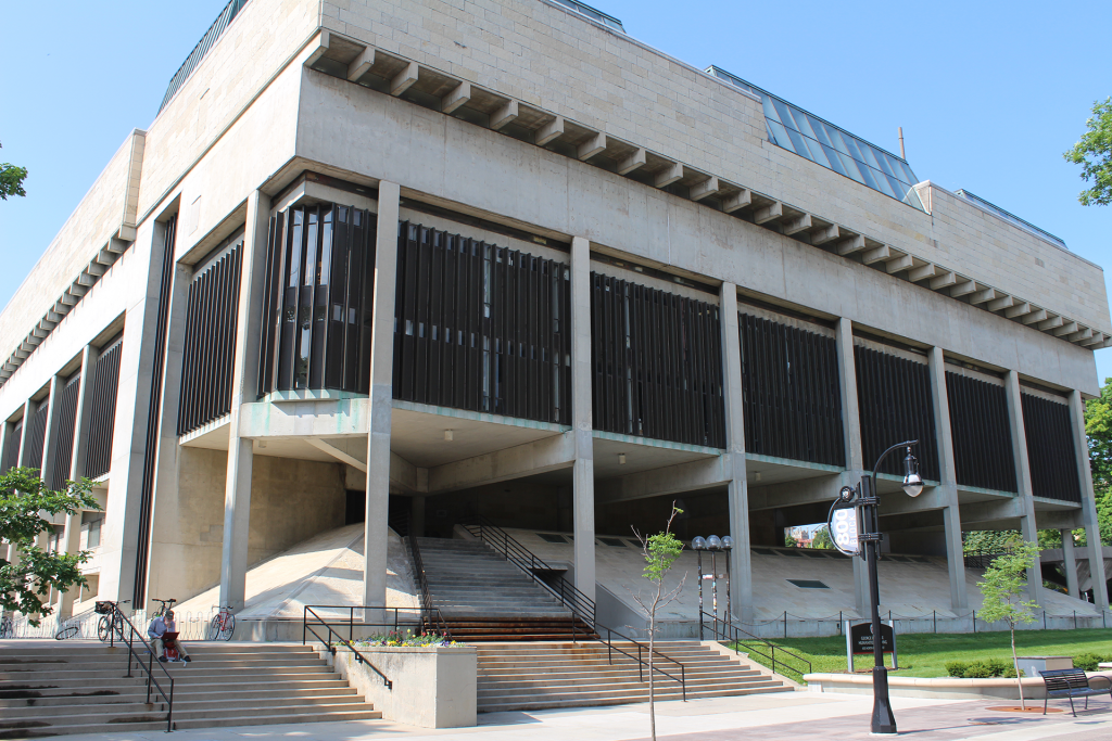 A view of the exterior of the Mosse Humanities Building at the University of Wisconsin-Madison. The Art Department is located on the sixth and seventh floors.