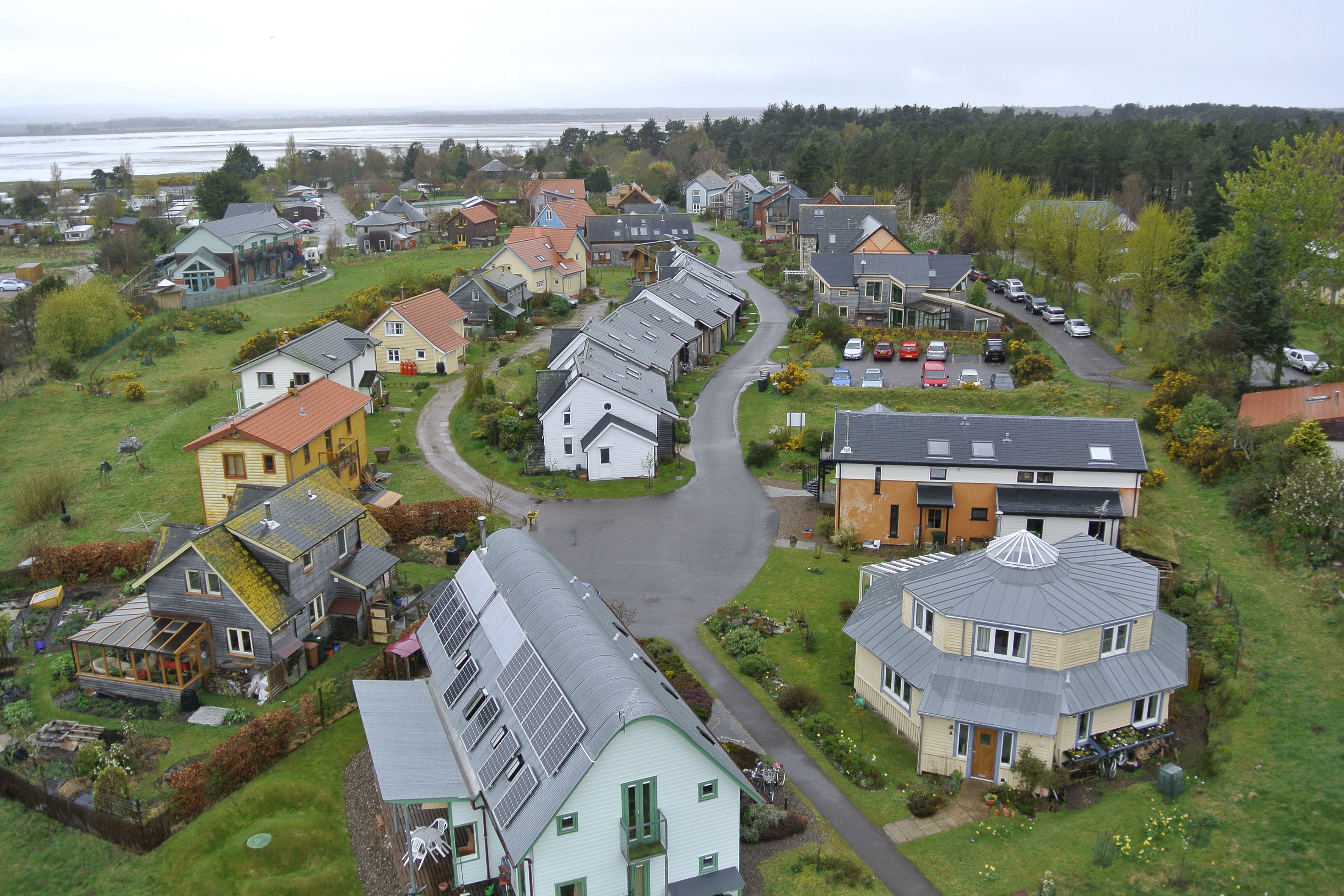 An arial view of the The Findhorn Foundation complex.